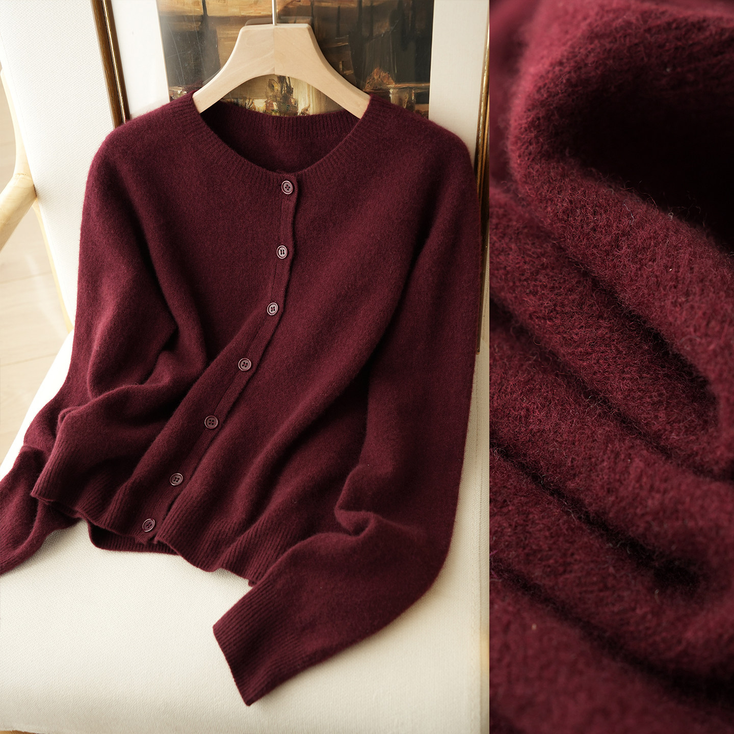 红色新年款 女士羊毛针织衫 无缝圆领开衫  秋冬款 女装