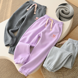 立体爱心 一体绒卫裤 儿童加绒运动裤 女童保暖收口长裤子 冬款