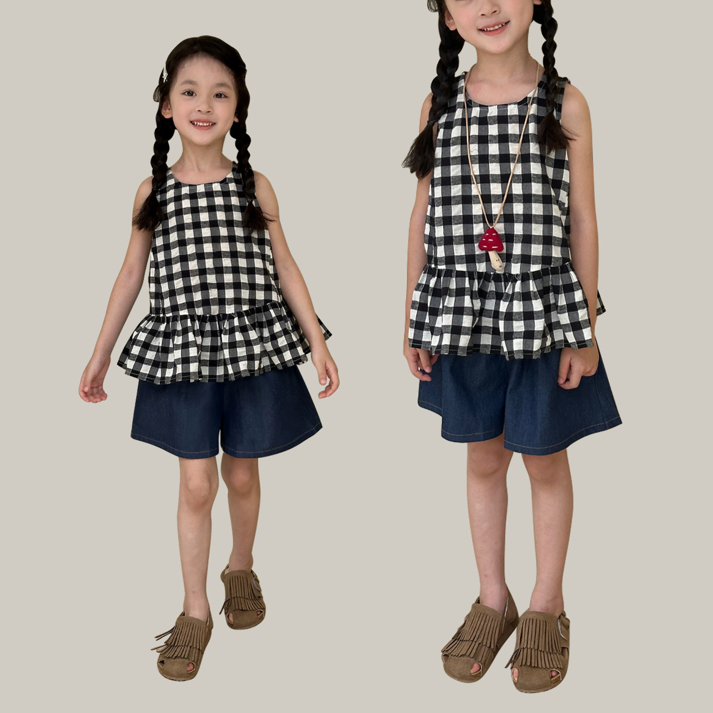 纯棉 格子 女童背心上衣 黑白格 女童裙式上衣 中大童 夏款 童装