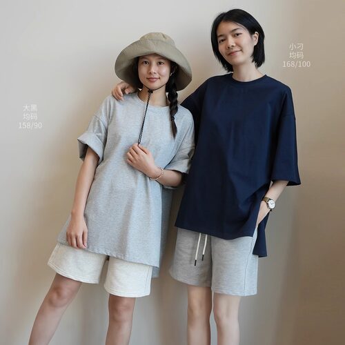 宽松版女士全棉落肩圆领短袖春夏