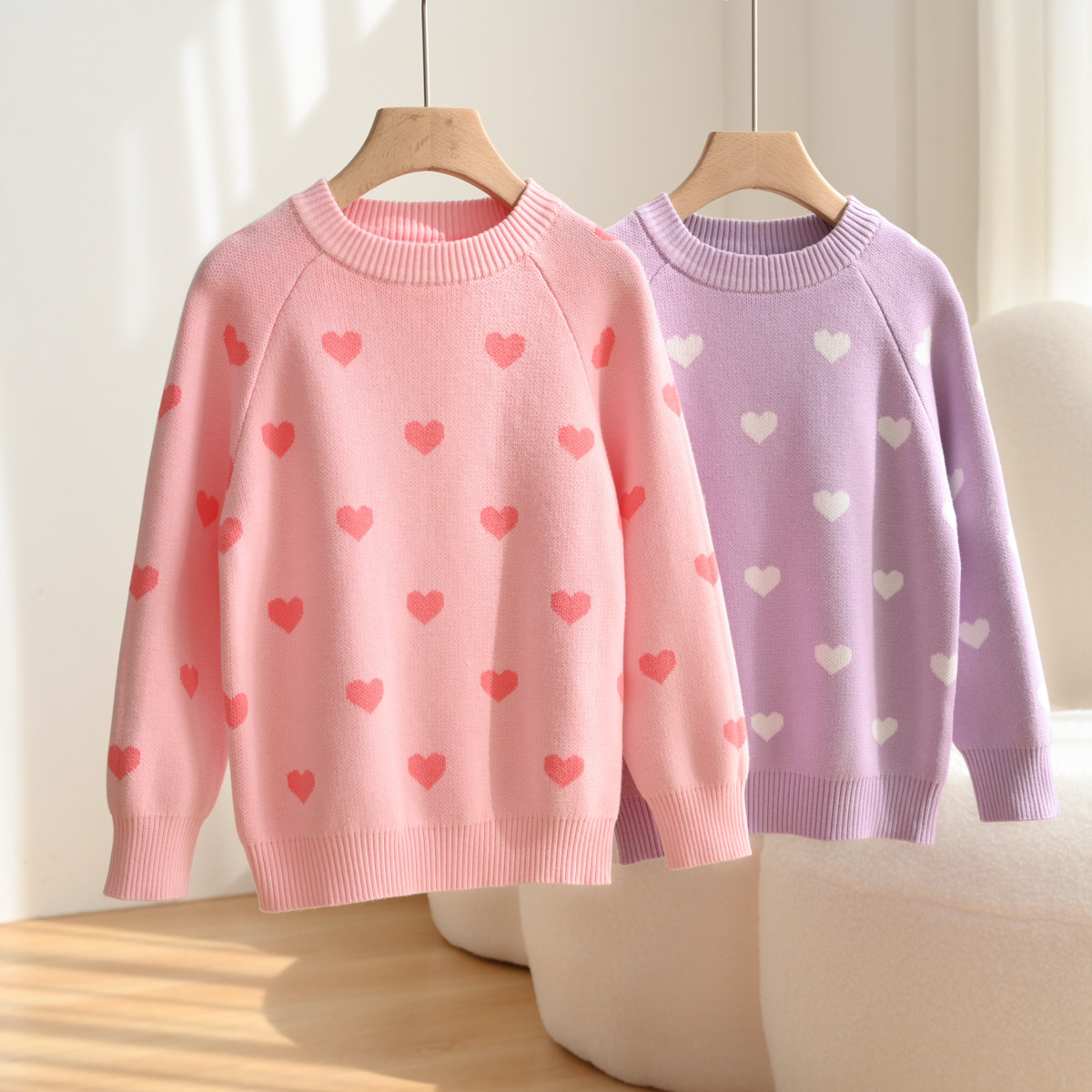 定制款A类棉莱赛尔 女童爱心提花套头毛衣针织衫线衣中大童春秋款