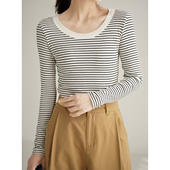春秋款 精梳棉 基础百搭打底衫 T恤 山东网店 女士大圆领条纹长袖