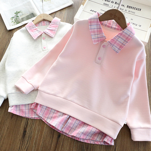 女童假两件卫衣春装2026新款儿童洋气假两件上衣女大童学院套头衫