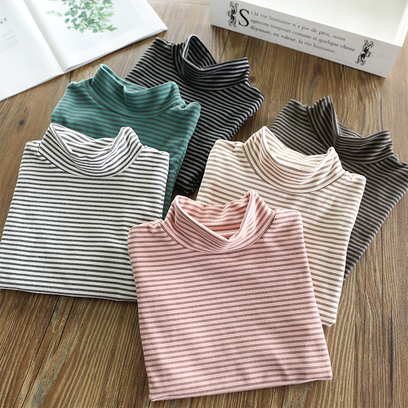 半高领休闲长袖条纹打底T恤