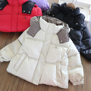 女童白鸭绒羽绒服 秋冬中长款保暖加厚男女中大童纯色面包服黑色