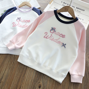 女童春装卫衣2026新款洋气童装儿童撞色袖圆领上衣春秋款百搭潮