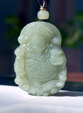 保真天然和田玉青海料湖水清精雕细琢立体招财纳福财神牌子C15404