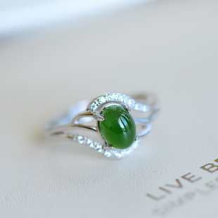 手工制作s925银镶和田玉碧玉果绿色料子细腻无黑点精美戒指11152#