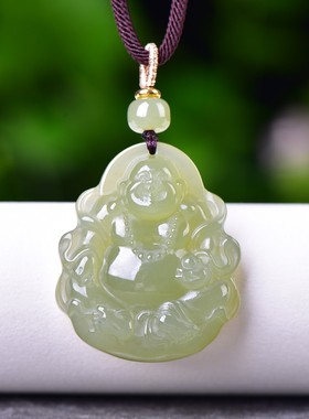 亏嘛啦和田玉青海老熟料冰种湖水青高脂高糯油润弥勒佛吊坠D15466
