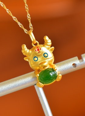 手工精制s925银镶和田玉碧玉牛牛时尚吊坠配送银链礼盒10685-6