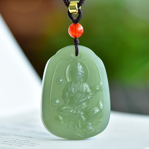 和田玉青海钢板冰底湖水绿细腻油润干净无结构双面观音牌子D15115