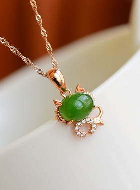 精制手工s925银镶和田玉碧玉果绿色猫咪吊坠送银链子礼盒10164-1