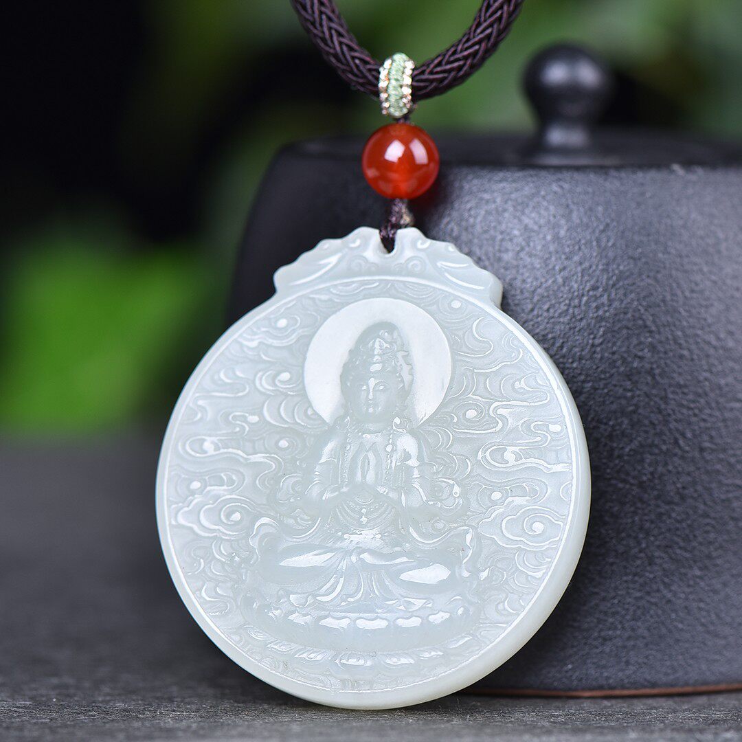 馈赠佳品和田青海镯心料羊脂玉细润油冰白吉祥安康观音吊坠16038