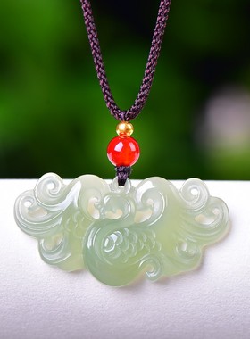 精致和田玉青海料冰种湖水青玉质干净精雕细琢《凤凰》吊坠C15447