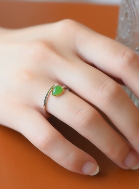 手工精制s925银镶和田玉俄罗斯碧玉果绿色百搭戒指11054-4