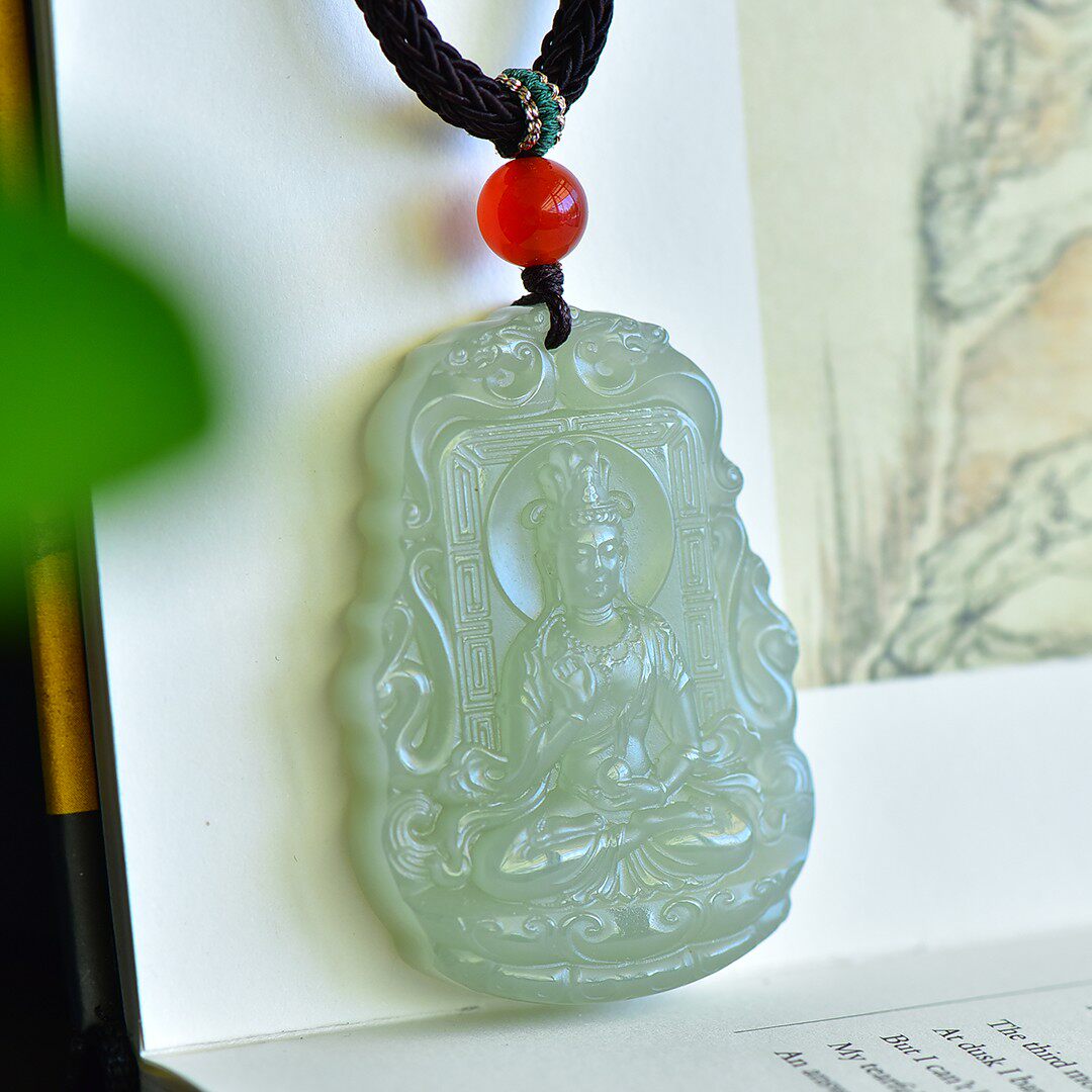 抢疯啦和田玉青海钢板料冰底晴水细腻油润无结构观音牌子D15049