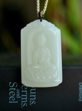 收藏级和田玉老坑钢板料雕刻清晰可见料子干净无暇观音牌子15747