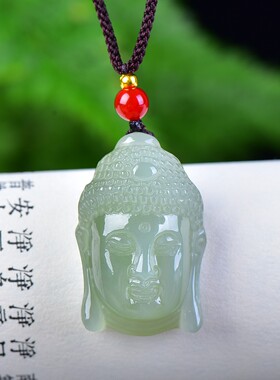 精雕和田玉青海钢板料冰底湖水青细腻油润无结构佛头吊坠D15335