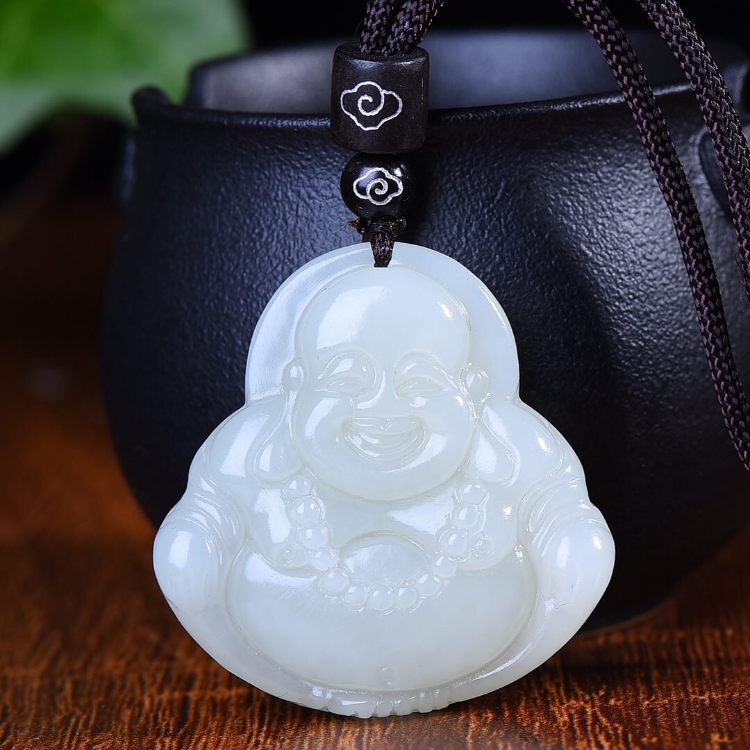 送国检证书和田玉老坑料冰白干净无结构能容天下事弥勒佛吊坠3477