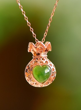 精品s925银镶和田玉俄料碧玉果绿色钱袋吊坠配送银链礼盒10685-6