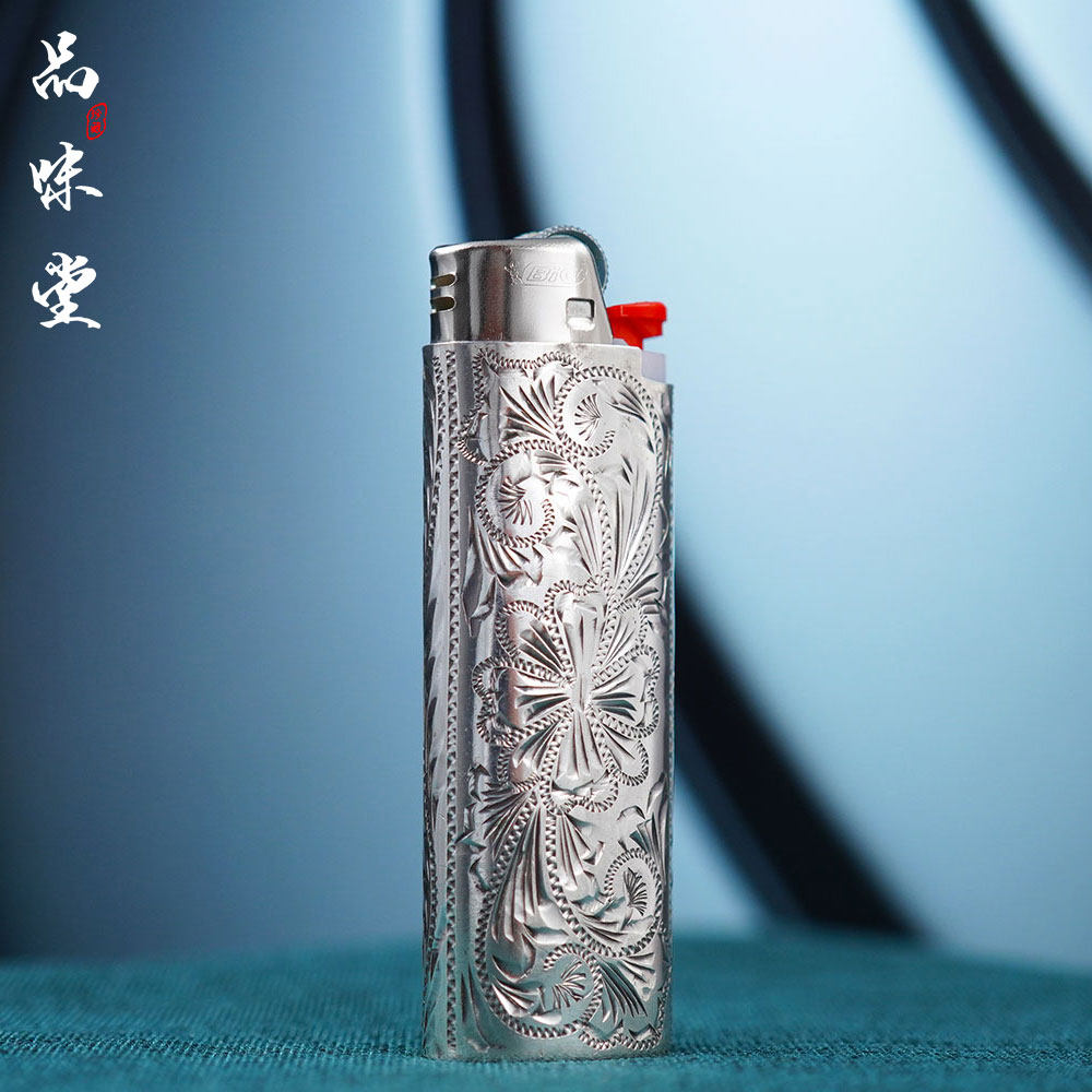 早期墨西哥产手工雕刻鹫尾花雕花纯银打火机保护套壳复古经典绝版