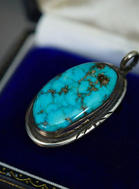 中古欧洲早期手工925纯银天然绿松石项链吊坠首饰精美个性 送朋友