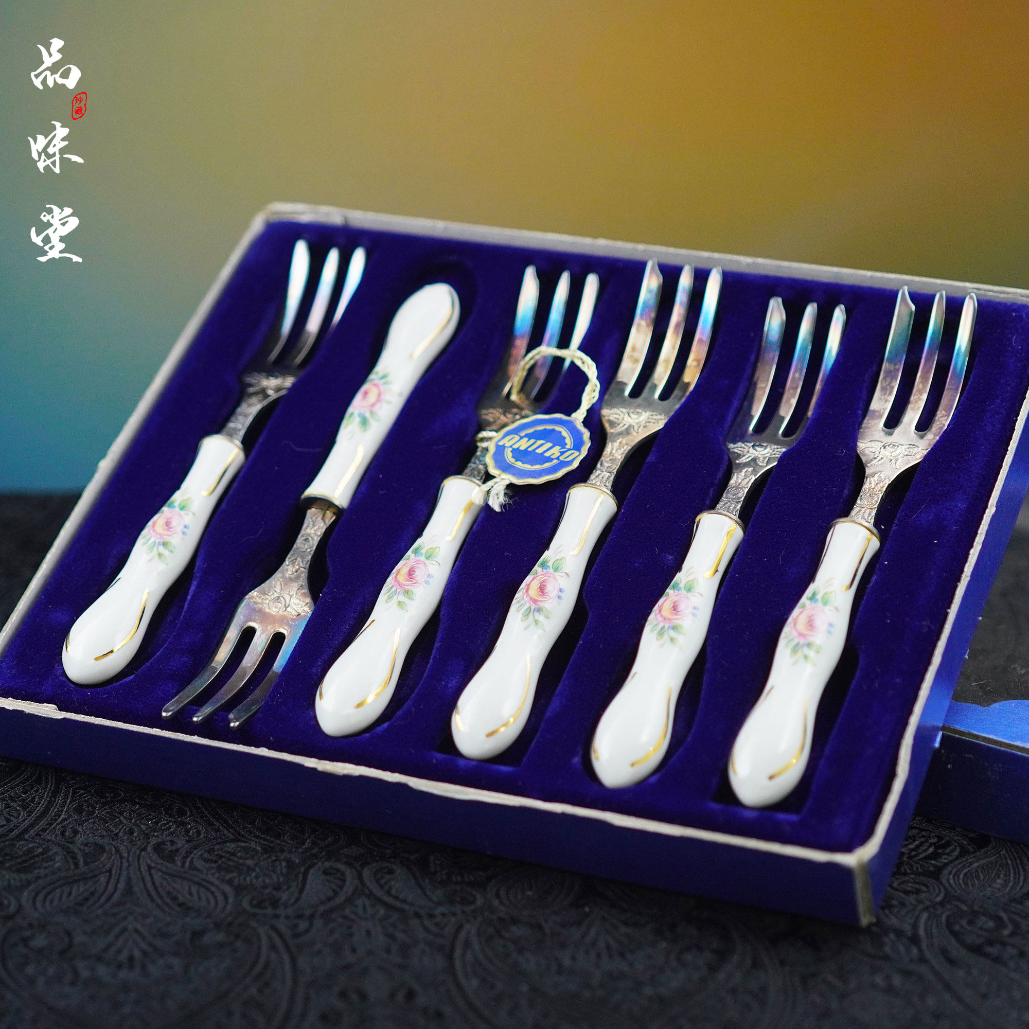 欧式陶瓷柄手绘玫瑰餐具甜品描金花纹金属叉 丝绒礼盒装西餐厨房,餐饮具,叉/勺/筷套装,淘宝优惠券,粉丝福利购,淘宝优惠卷