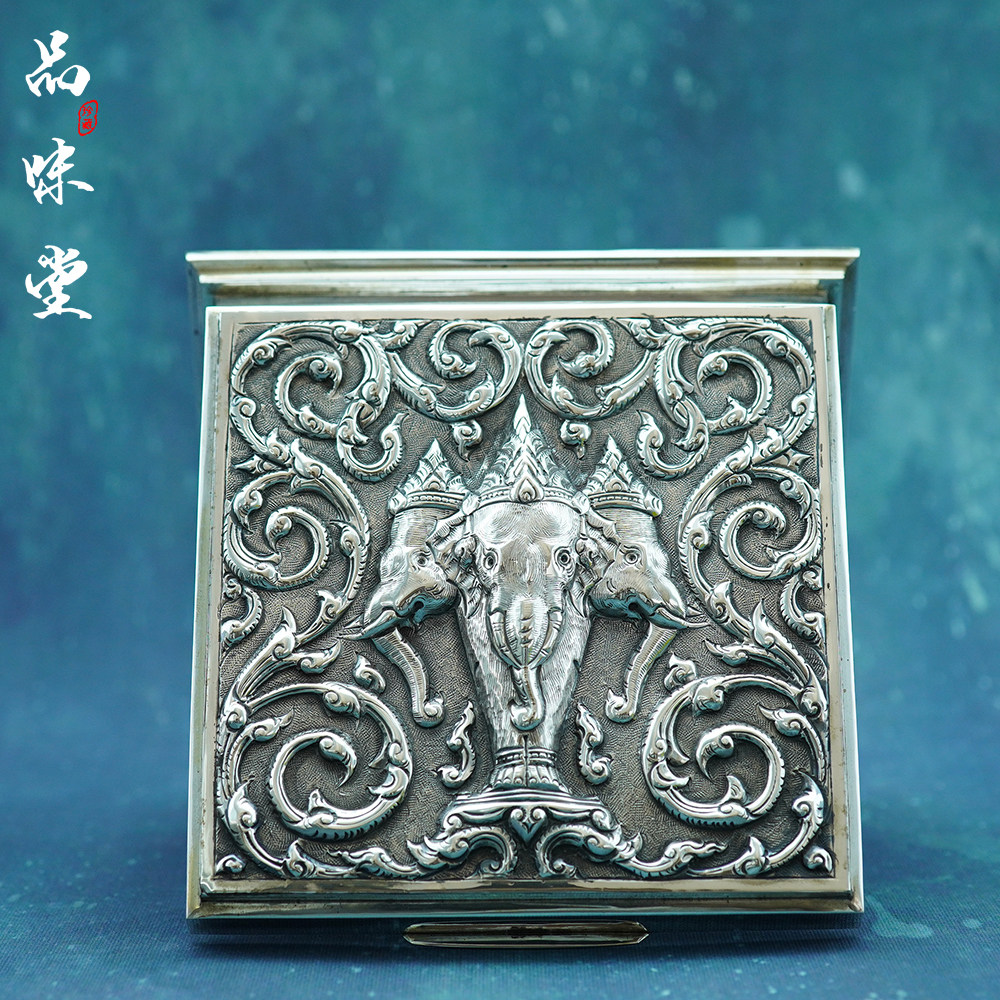 1968年欧洲制造纯银手工浮雕艺术品级复古红木桌面烟盒置物盒收藏