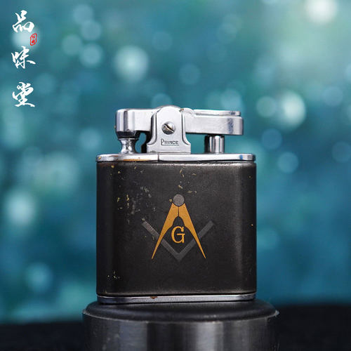 1950年日本Prince共济会主题24K纯金纯银象嵌防风古董打火机绝版