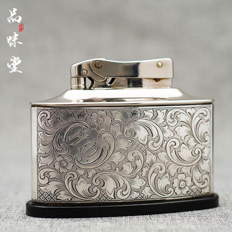 1940年德国MYLFLAM千火花835纯银手工唐草雕花艺术台式古董打火机