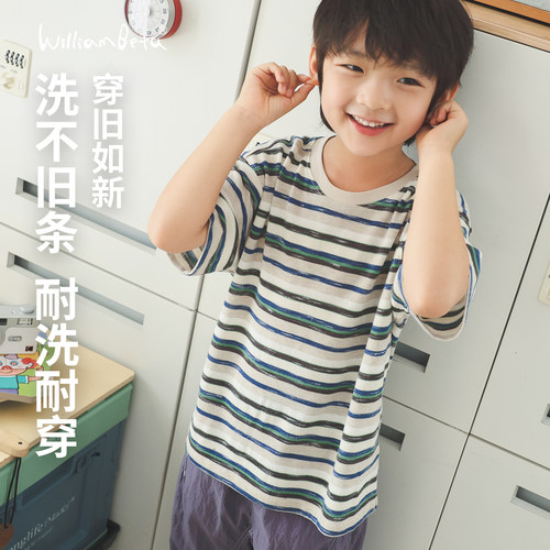 小新贝塔-冷调条纹T&洗不旧条~夏新款宽松复古儿童T恤