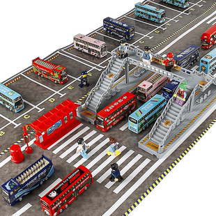 1:87小汽车模型合金校车男孩儿童玩具公交站台车巴士车回力车套装