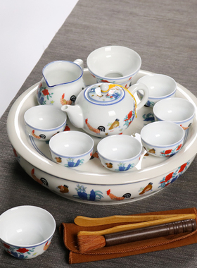 中式家用鸡缸杯茶具套装仿古大明成化斗彩茶杯陶瓷茶盘茶壶礼盒装