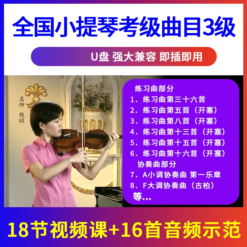 3级 全国小提琴考级曲目辅导示范 初学入门优盘U盘视频 非DVD