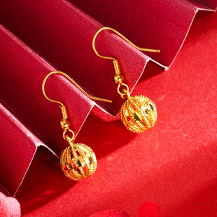 2023新款越南沙金玲珑绣球耳环镀金镂空转运球仿黄金耳饰久不褪色