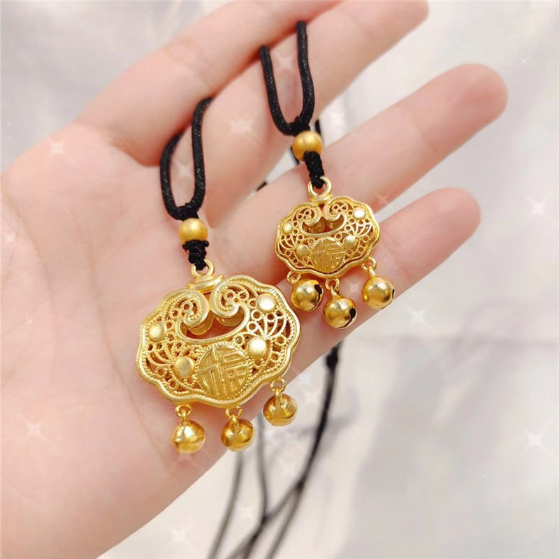 仿黄金长命锁铃铛越南沙金黑绳