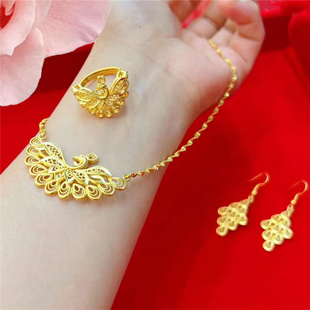 新款仿真沙金凤凰项链铜镀金镂空孔雀套装假黄金首饰结婚婚庆礼品