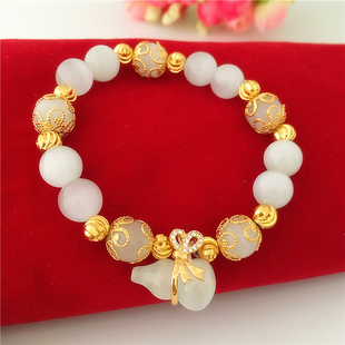 新款DIY手串白色猫眼石葫芦手链女24K镀金仿真沙金转运珠手串首饰