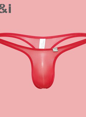 U＆I性感丁字裤男超薄微透明冰丝一片式向上无囊袋红色本命年内裤