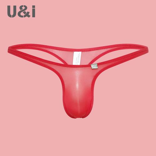 U＆I性感丁字裤男超薄微透明冰丝一片式向上无囊袋红色本命年内裤