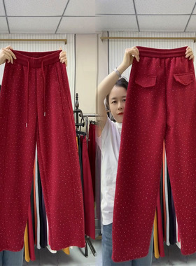 2026春秋韩版宽松显瘦休闲裤女带钻直筒阔腿弯刀红色加厚爵士裤子