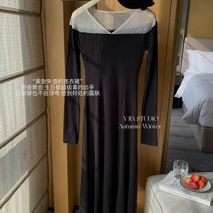 收腰气质优雅长裙连衣裙1360 Cecil聚会法式 拼接蕾丝长袖