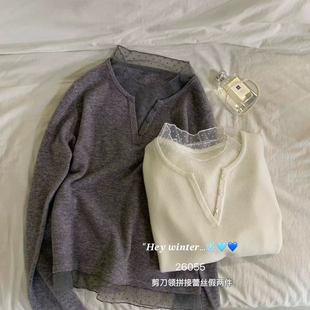 2605 CecilV领拼接蕾丝设计感套头百搭针织衫 含100羊毛