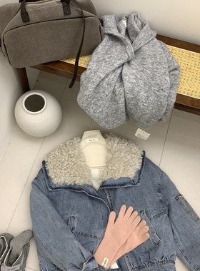 Cecil小众质感在线的水洗牛仔仿羊卷毛大翻领保暖羽绒服外套6121