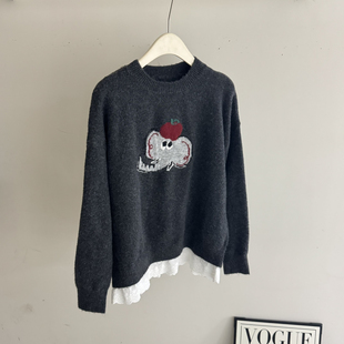 新款 2025冬季 下摆蕾丝拼接假两件保暖毛衣3216 针织衫 Cecil袖