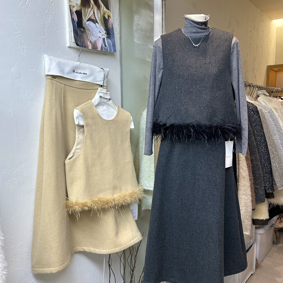 Cecil质下摆毛毛韩系背心+半身裙两件套套装6319