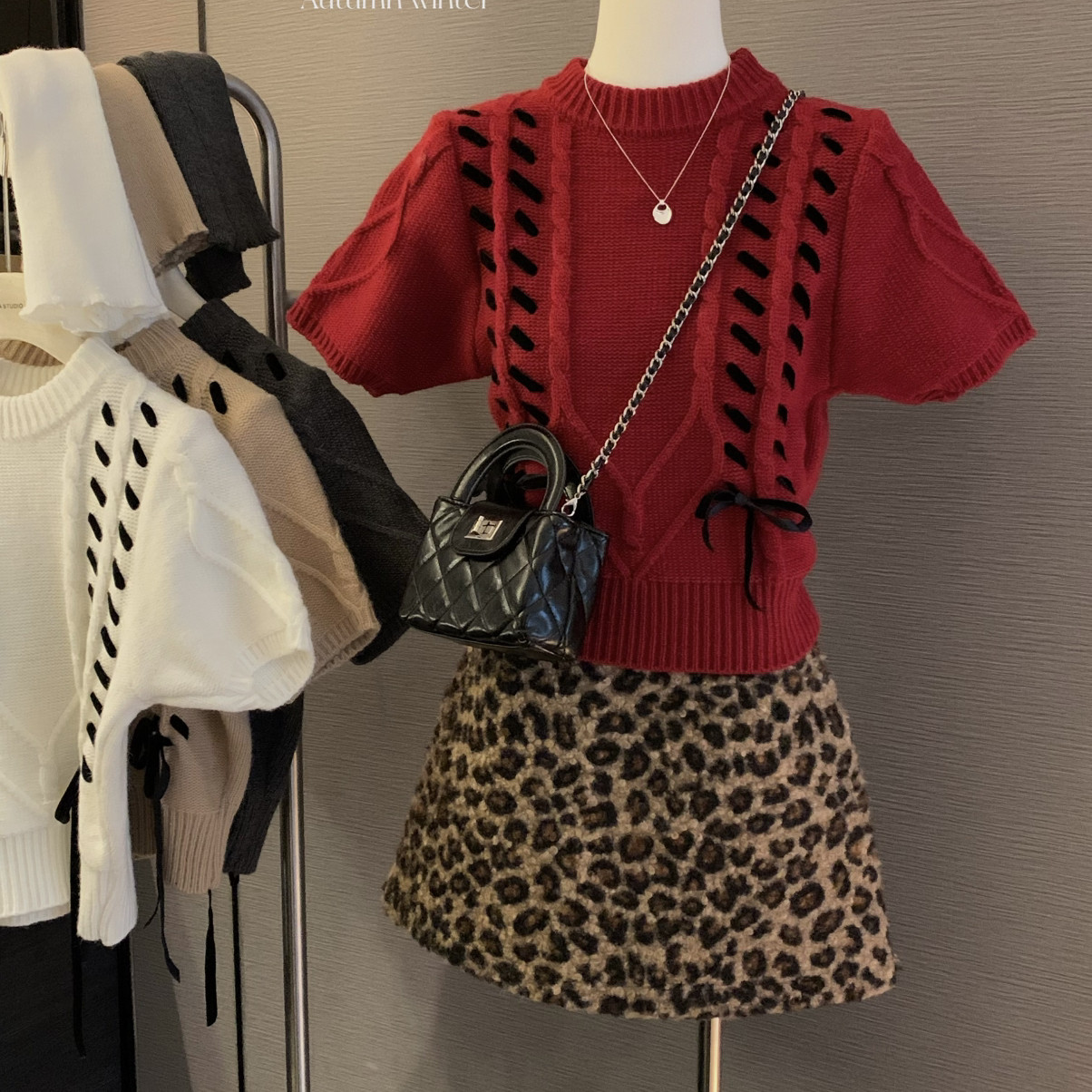 可可系抽绳绑带百搭圆领修身显瘦保暖毛衣(配袖套)1338-55