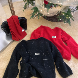 Cecil｜绝美露肩亮片氛围感宽松慵懒保暖毛衣 含6羊毛