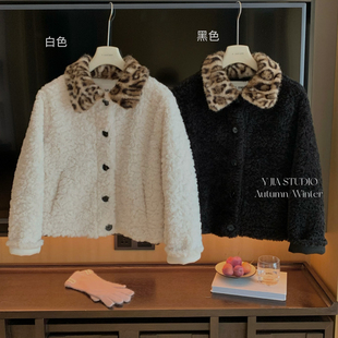 Cecil古早小豹猫豹纹翻领撞色环保羊羔毛保暖短外套7888