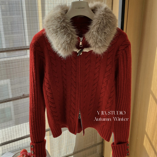 1370 配毛领狐狸毛仿毛可拆卸 外套保暖毛衣 Cecil织开衫